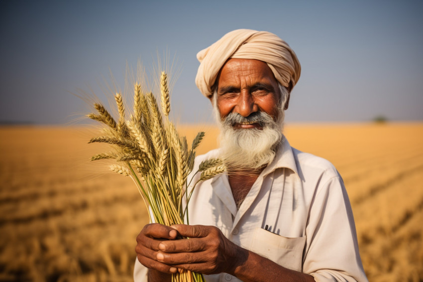 Indian farmer holding wheat crop in his field