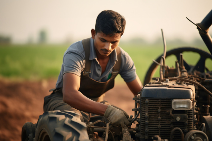 Hardworking Indian farmer in field with farm tools