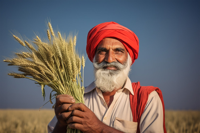 Indian farmer holding wheat crop in his field