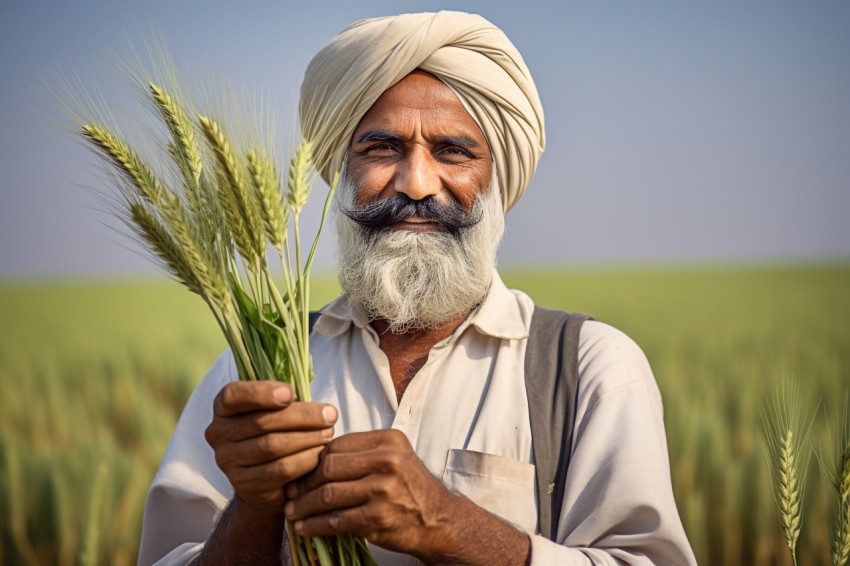 Indian farmer holding wheat crop in his field