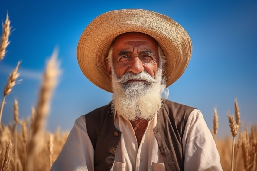 Senior Indian farmer in wheat field