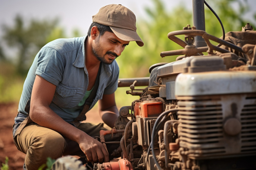 Hardworking Indian farmer in field with farm tools