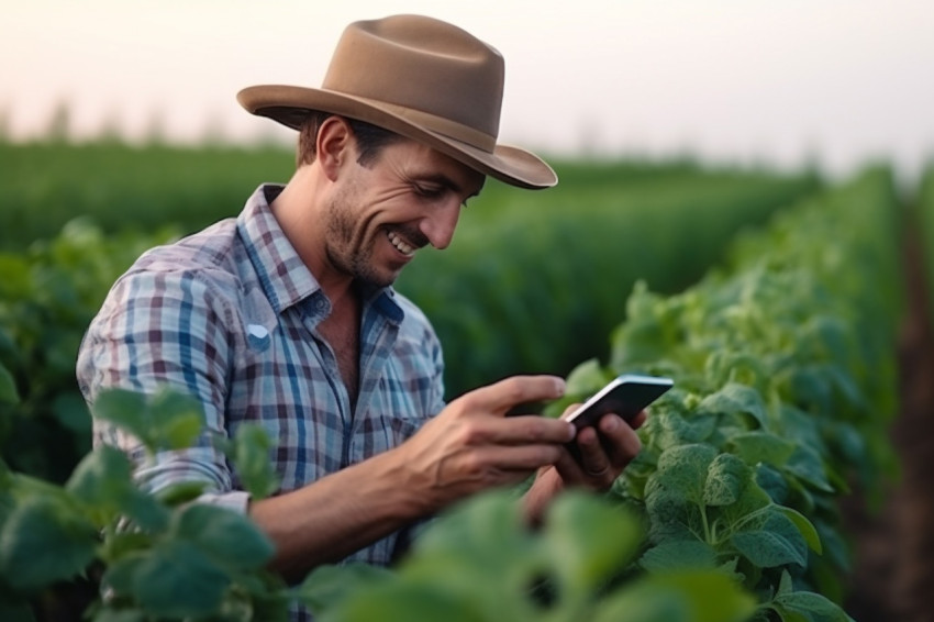 Happy young farmer checks crop growth on mobile