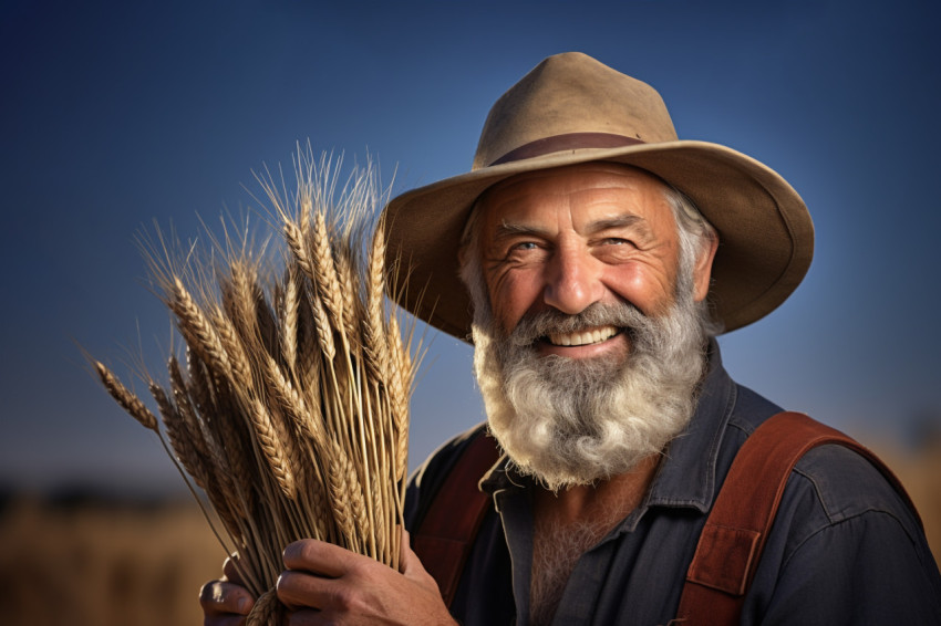 Farmer holding wheat and smiling photo