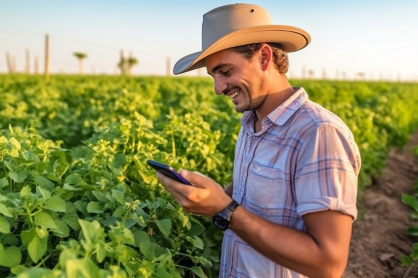 Happy young farmer checks crop growth on mobile