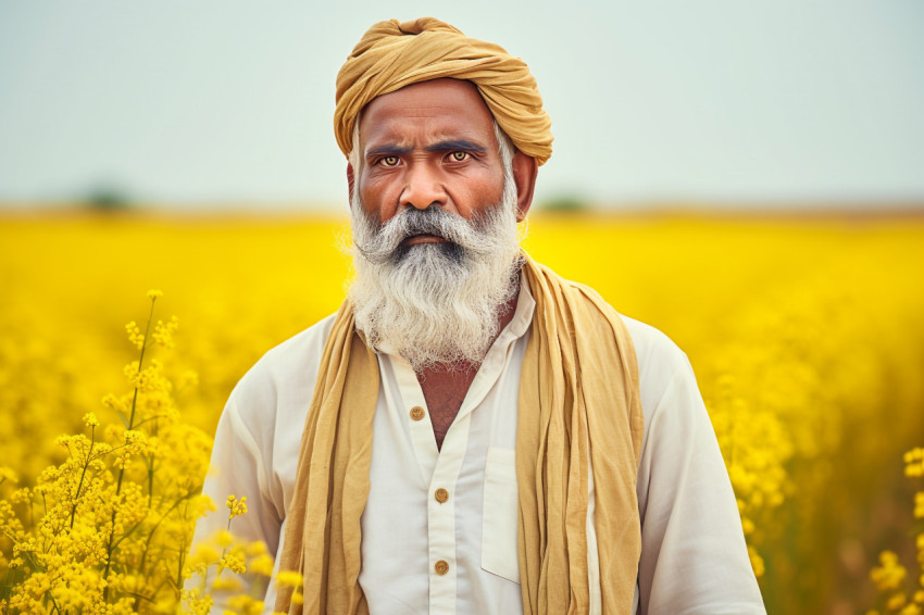 Angry Indian farmer in mustard field photo