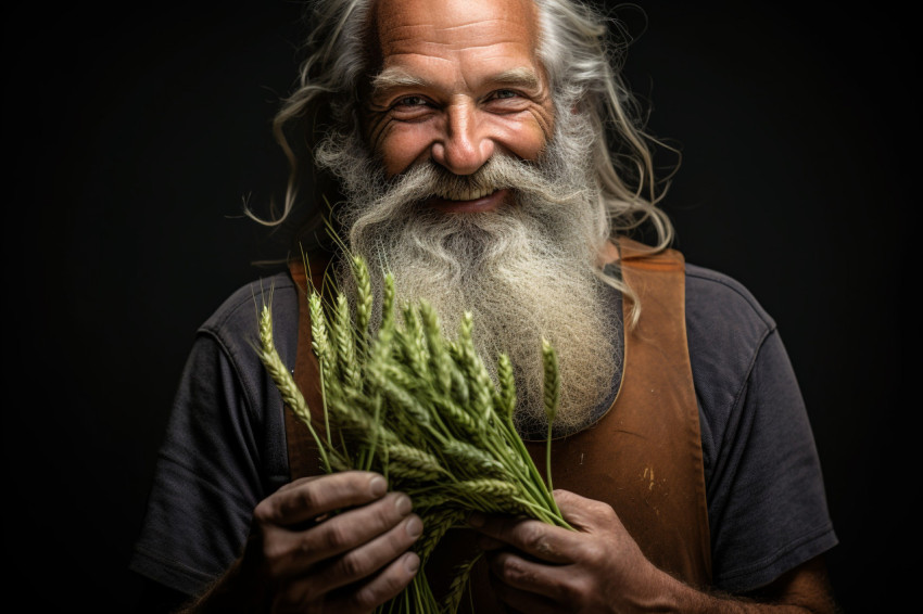 Farmer holding wheat and smiling photo