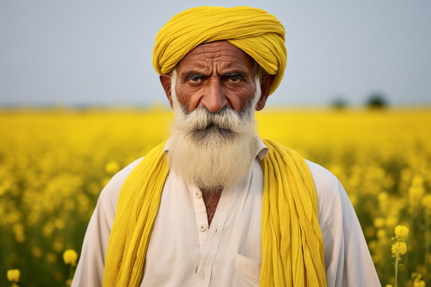 Angry Indian farmer in mustard field photo