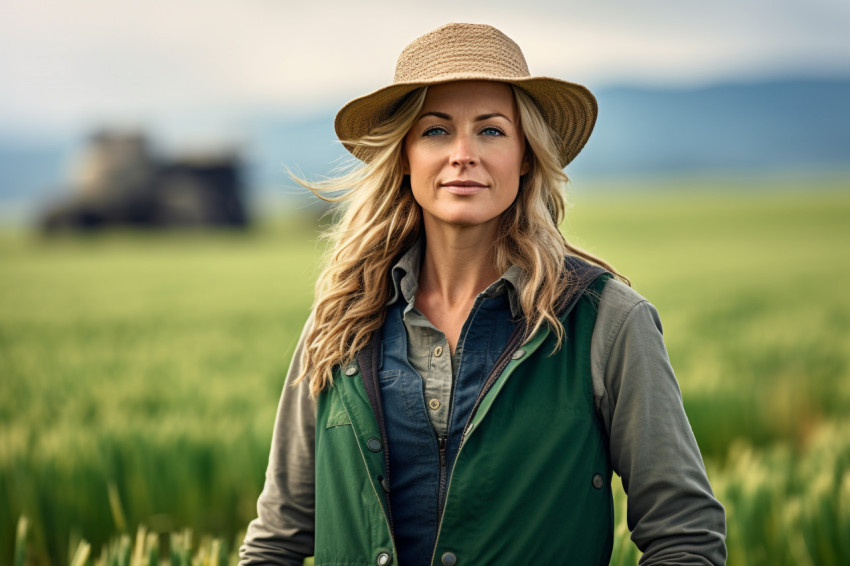 Female farmer smiling in a green field