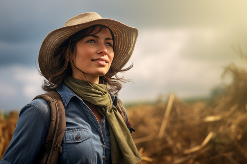 Female farmer smiling in a green field