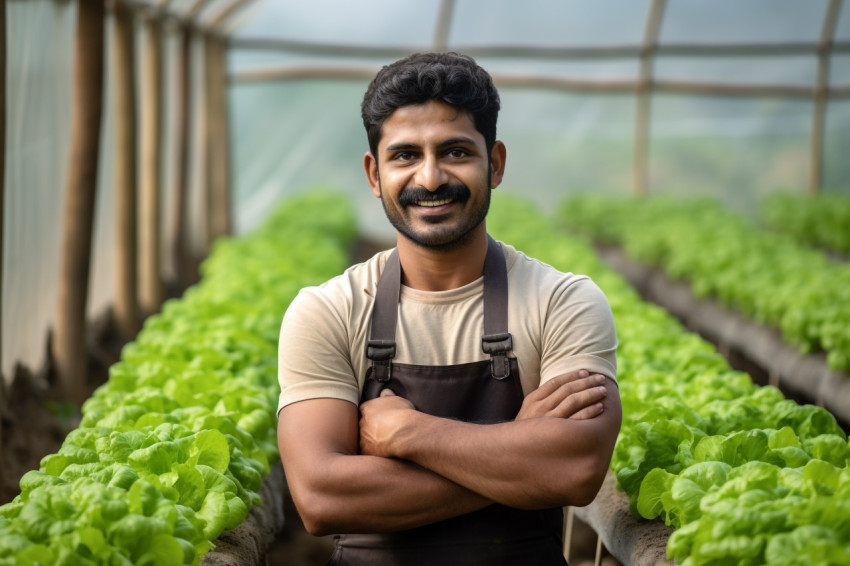 Young Indian farmer standing in a polyhouse smiling