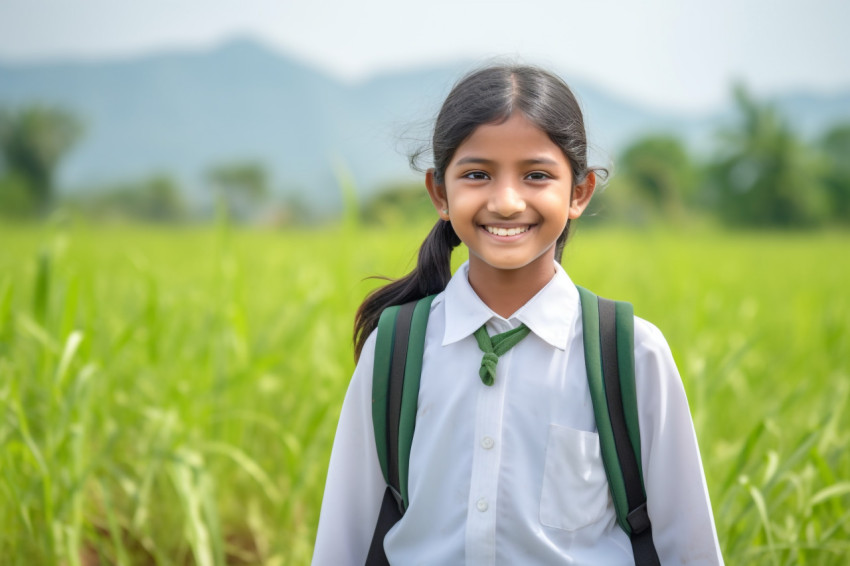 Happy school girl in uniform smiles at the camera while standing in a paddy field