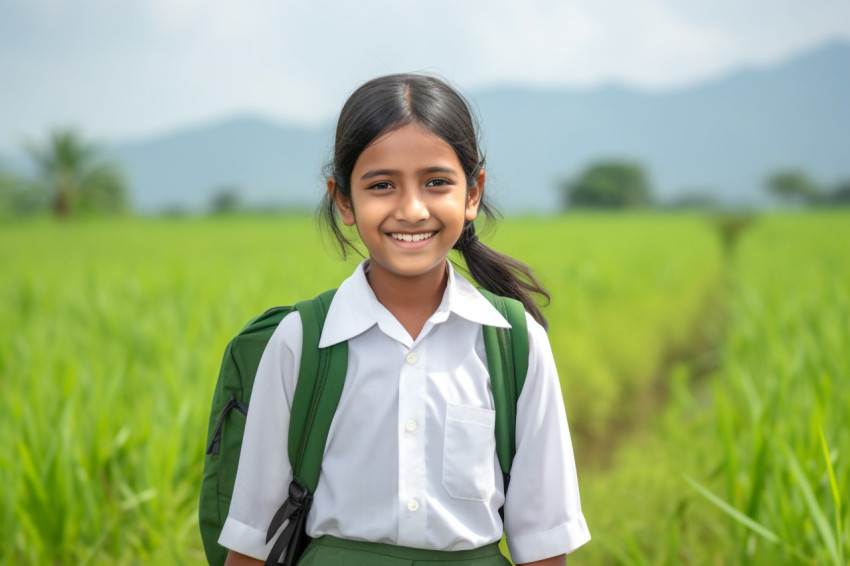 Happy school girl in uniform smiles at the camera while standing in a paddy field