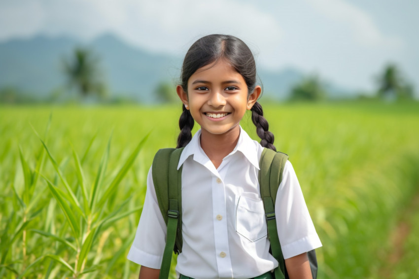 Happy school girl in uniform smiles at the camera while standing in a paddy field