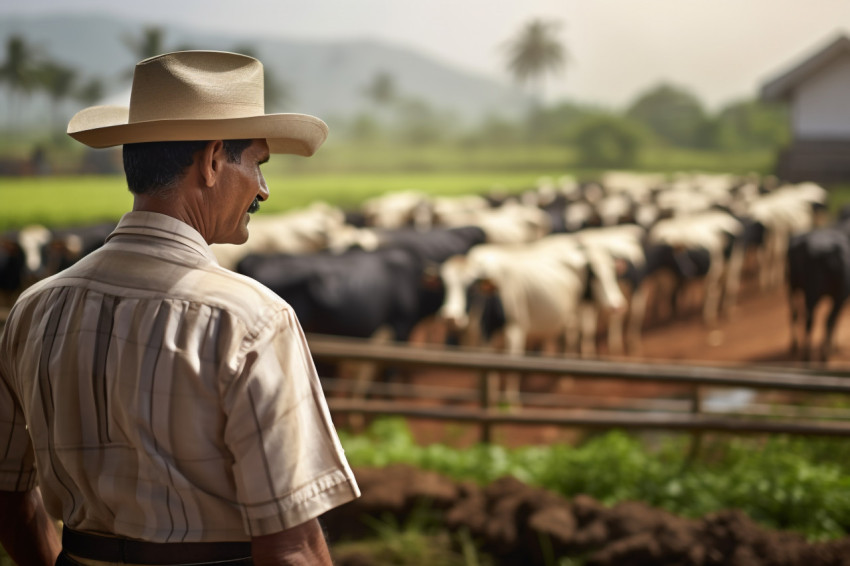 Indian farmer in traditional clothing standing in his dairy farm