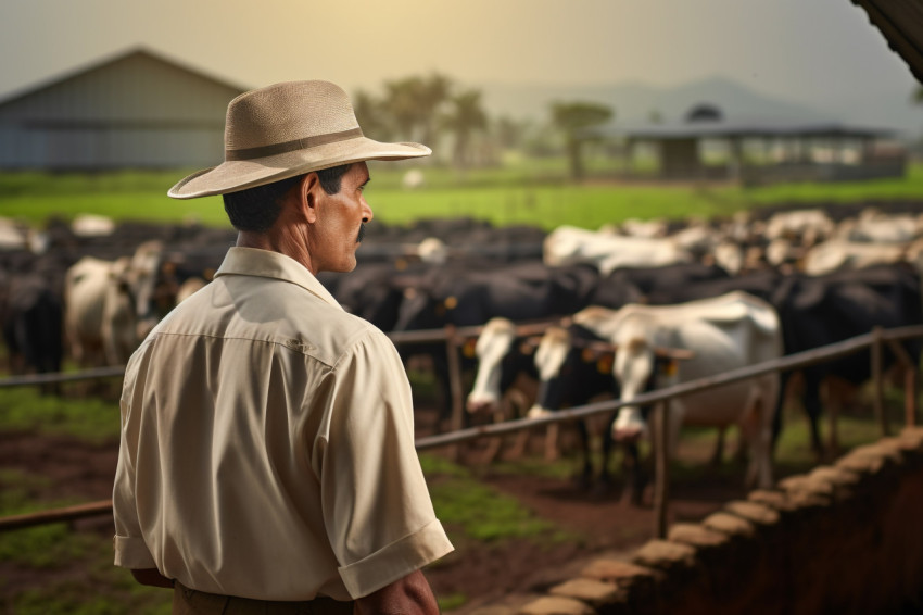 Indian farmer in traditional clothing standing in his dairy farm