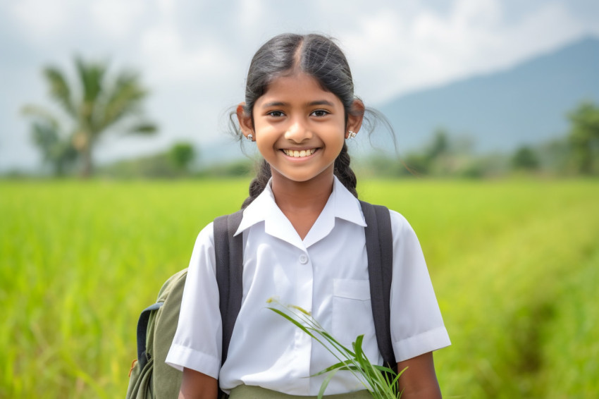 Happy school girl in uniform smiles at the camera while standing in a paddy field