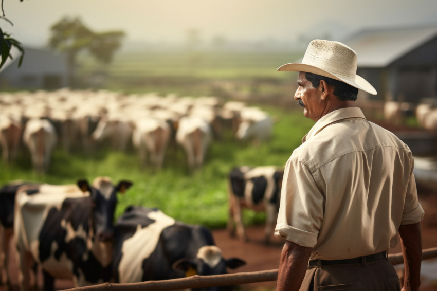 Indian farmer in traditional clothing standing in his dairy farm