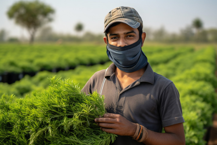 Young Indian farmer working in his field