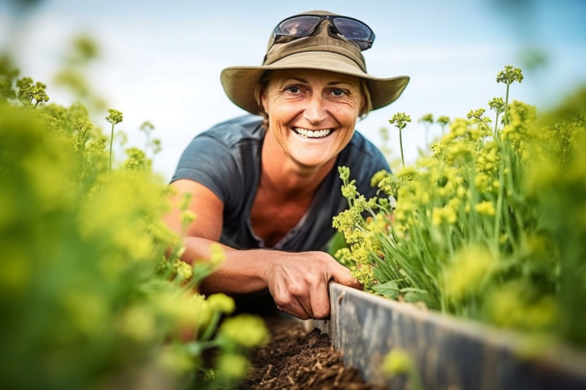 Smiling woman farmer standing in rapeseed field