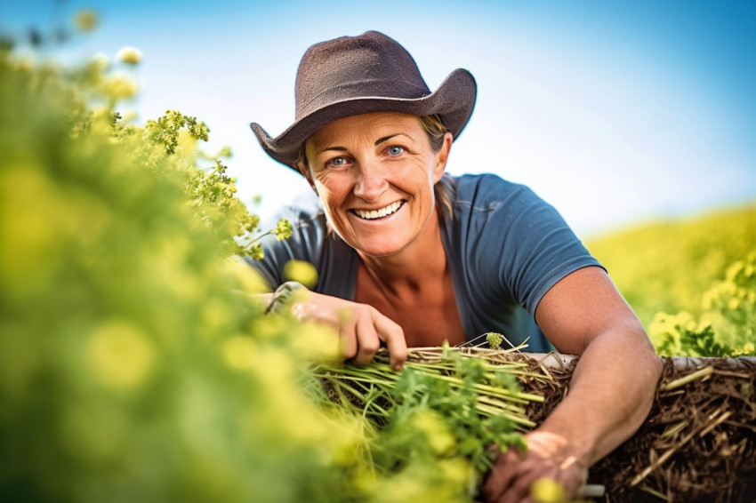 Smiling woman farmer standing in rapeseed field