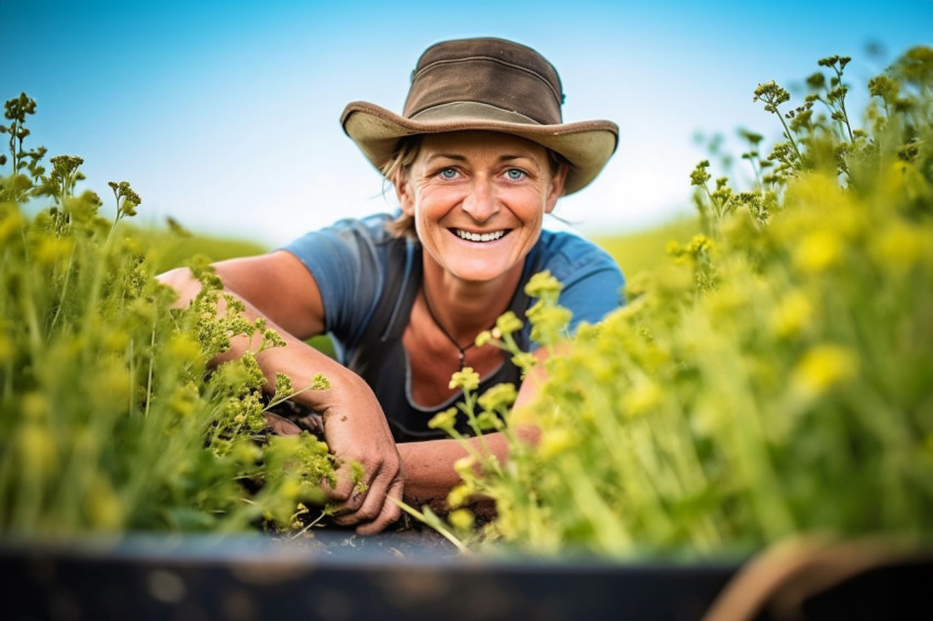 Smiling woman farmer standing in rapeseed field