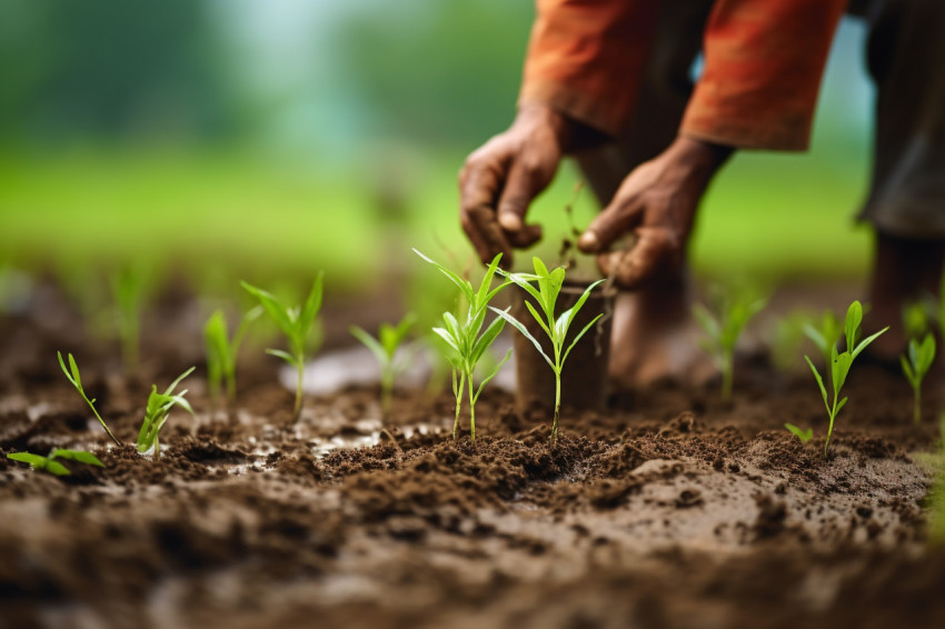 Indian farmer planting rice in paddy field