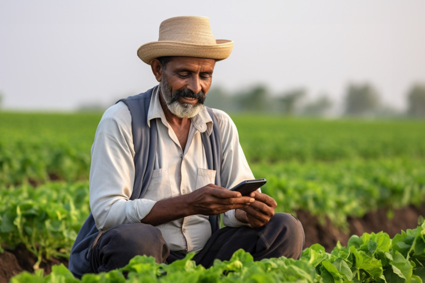 Indian farmer uses smartphone in agricultural field