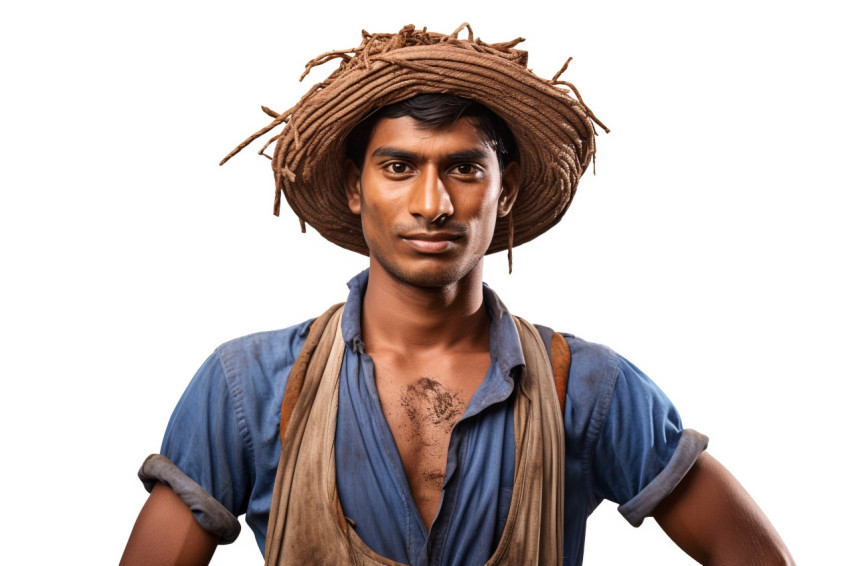 Young Indian farmer while standing on a white background