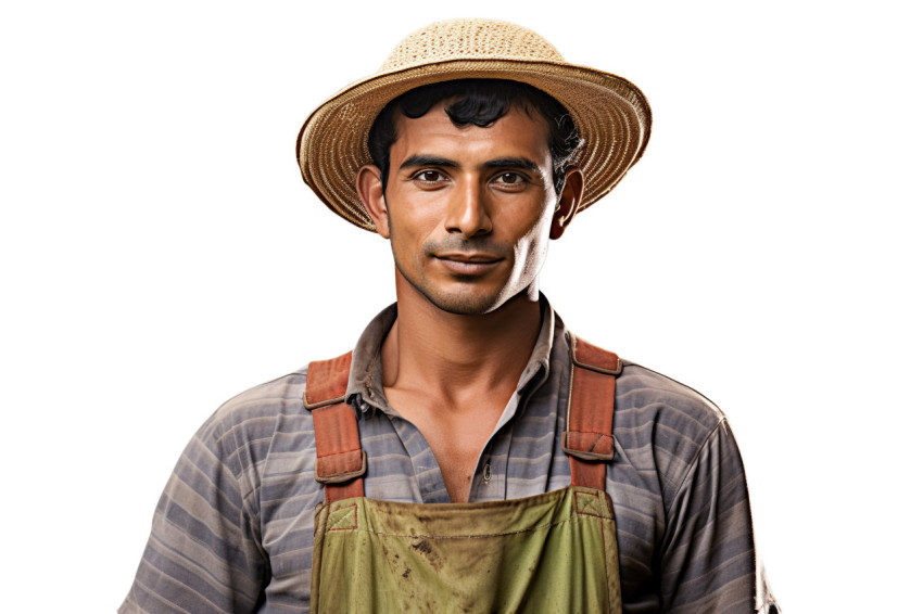 Young Indian farmer while standing on a white background