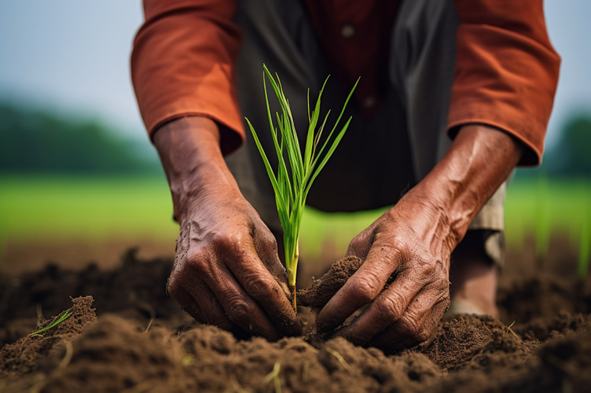 Indian farmer planting rice in paddy field