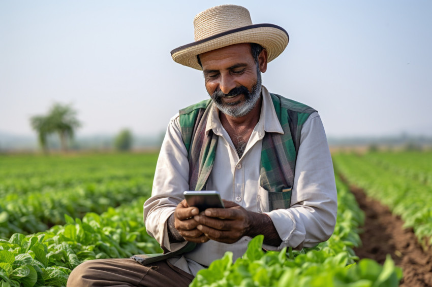 Indian farmer uses smartphone in agricultural field