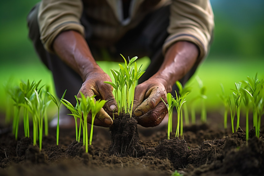 Indian farmer planting rice in paddy field