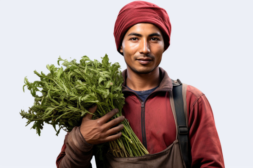 Young Indian farmer while standing on a white background