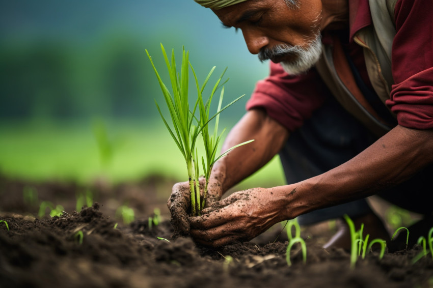 Indian farmer planting rice in paddy field