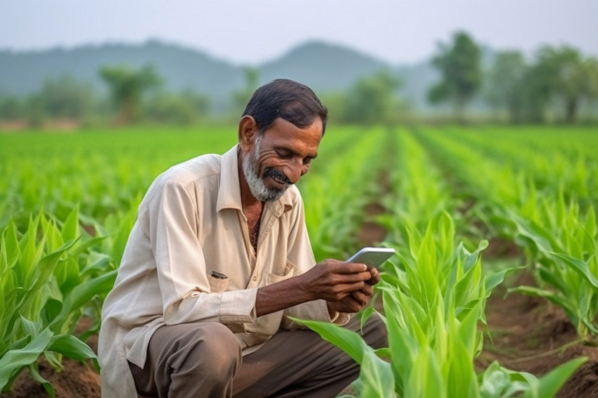 Indian farmer using smartphone in turmeric field