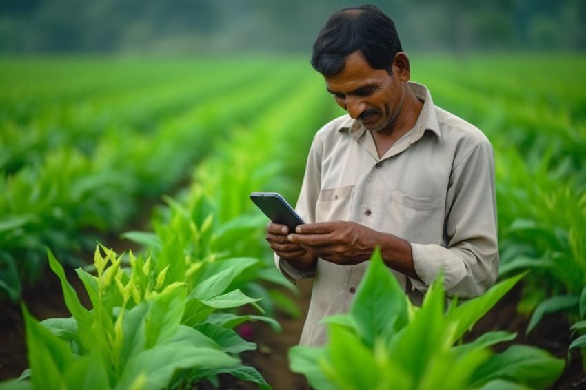 Indian farmer using smartphone in turmeric field