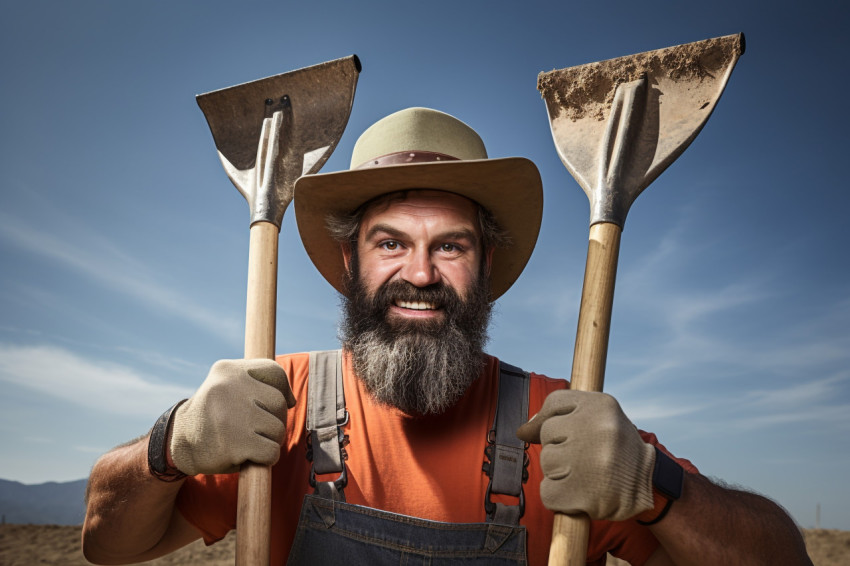 Photo of farmer with spade on shoulder gesturing