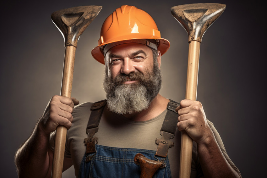 Photo of farmer with spade on shoulder gesturing