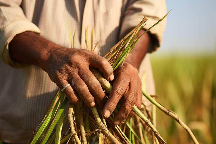 Indian farmer standing in sugarcane field