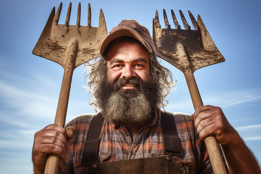 Photo of farmer with spade on shoulder gesturing