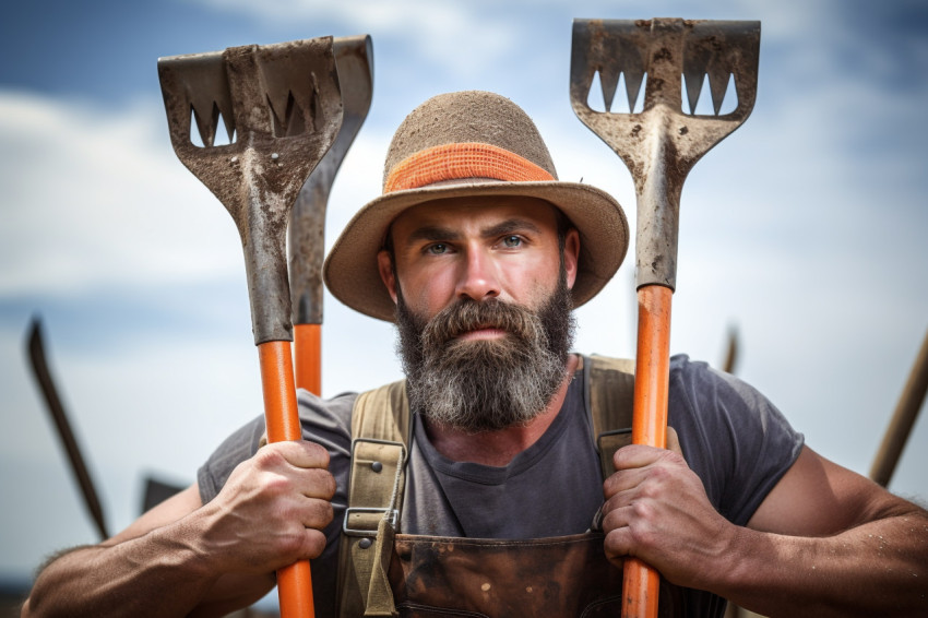 Photo of farmer with spade on shoulder gesturing