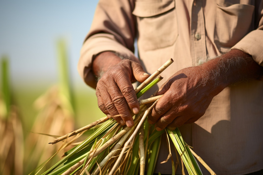 Indian farmer standing in sugarcane field