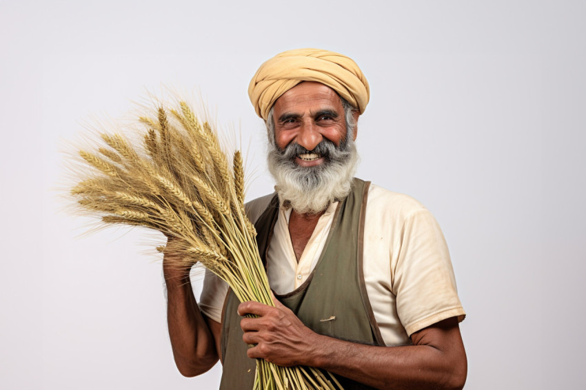 Cheerful Indian farmer portrait on white background