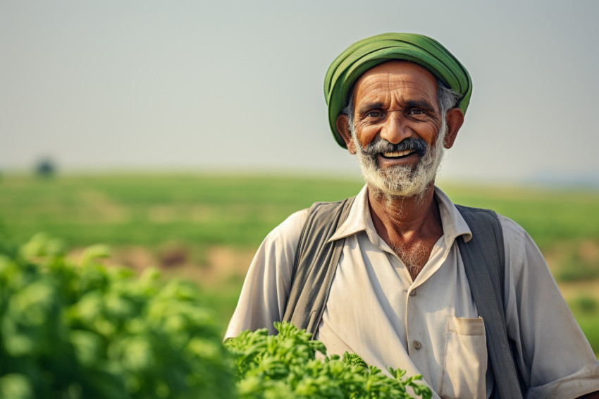 Indian farmer smiling in agriculture field