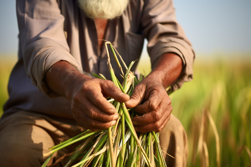 Indian farmer standing in sugarcane field