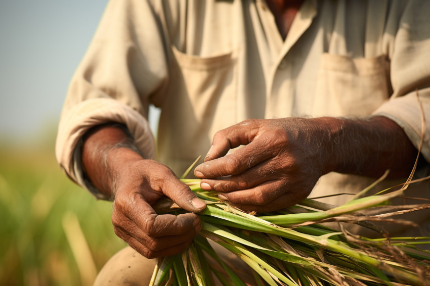 Indian farmer standing in sugarcane field