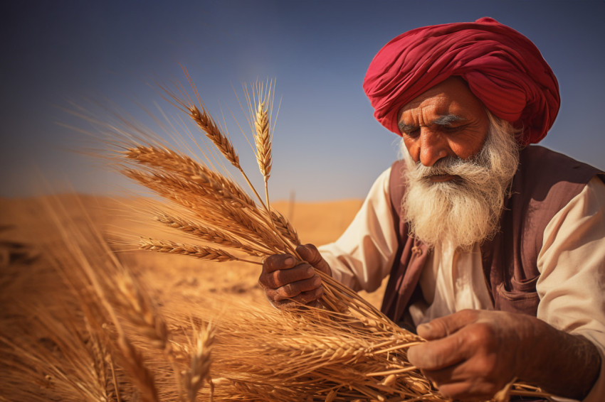 Indian farmer scatters wheat in field