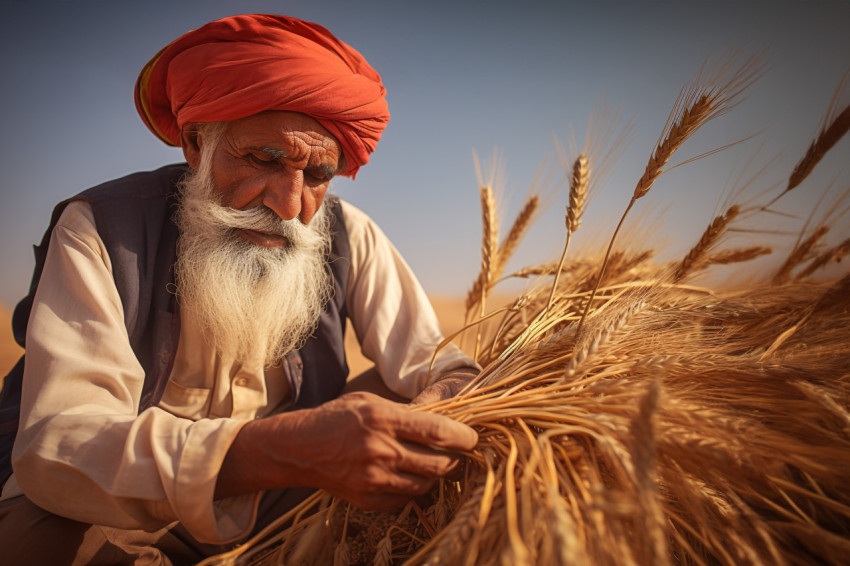 Indian farmer scatters wheat in field