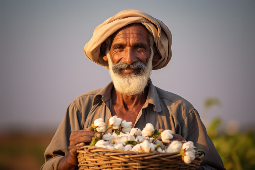 Indian farmer in cotton field photo